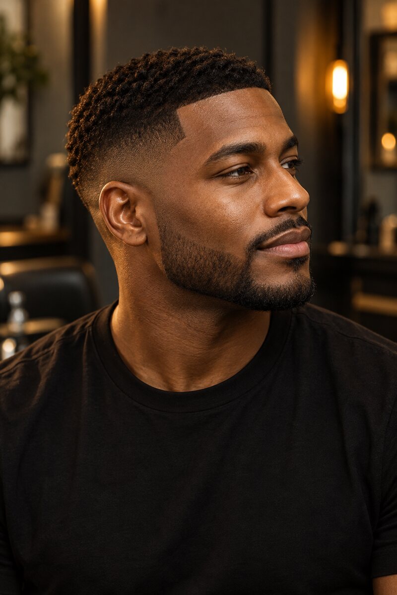 AI-generated hairstyle inspiration: a short textured crop with a precise taper and beard